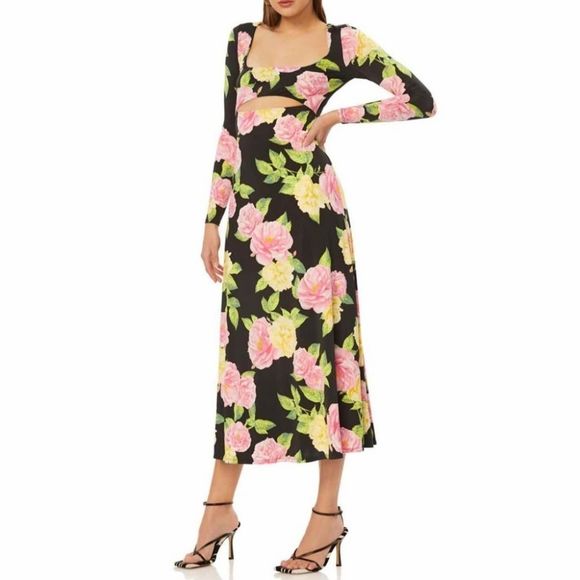 AFRM Gigi Floral Cutout Midi Dress Black & Pink Size Small - Picture 1 of 8